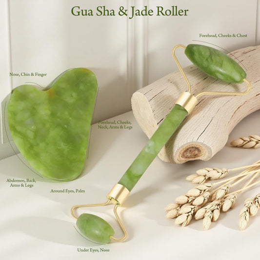 Gua Sha & Jade Roller Set – Natural Jade Facial Massage Tool
